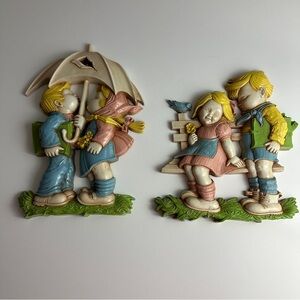 VTG 70’s MCM HOMCO Children At Park Nursery Playroom Bedroom 2Wall Decor Plaques
